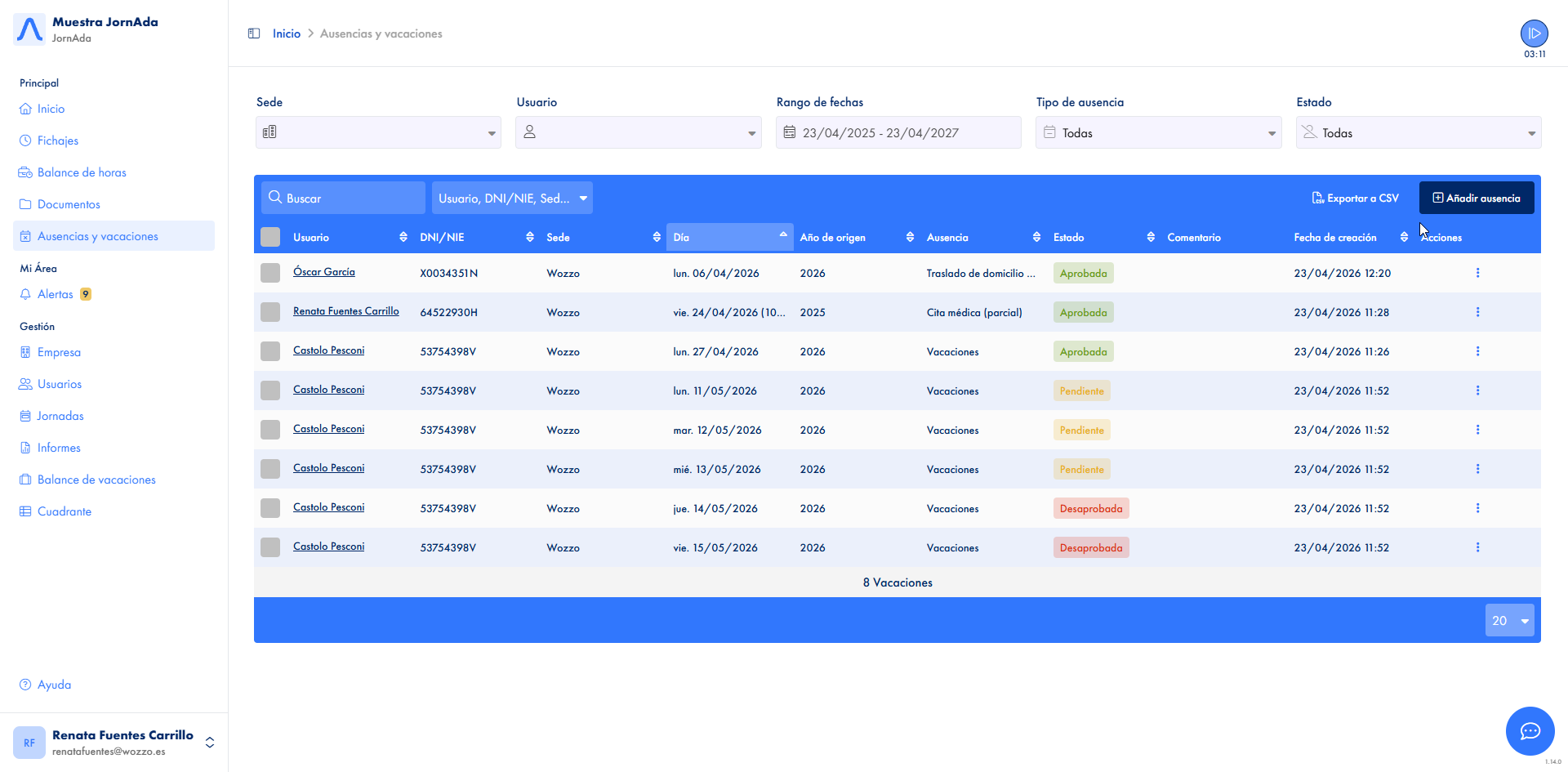 Suite de RRHH con calendario y gestion de ausencias