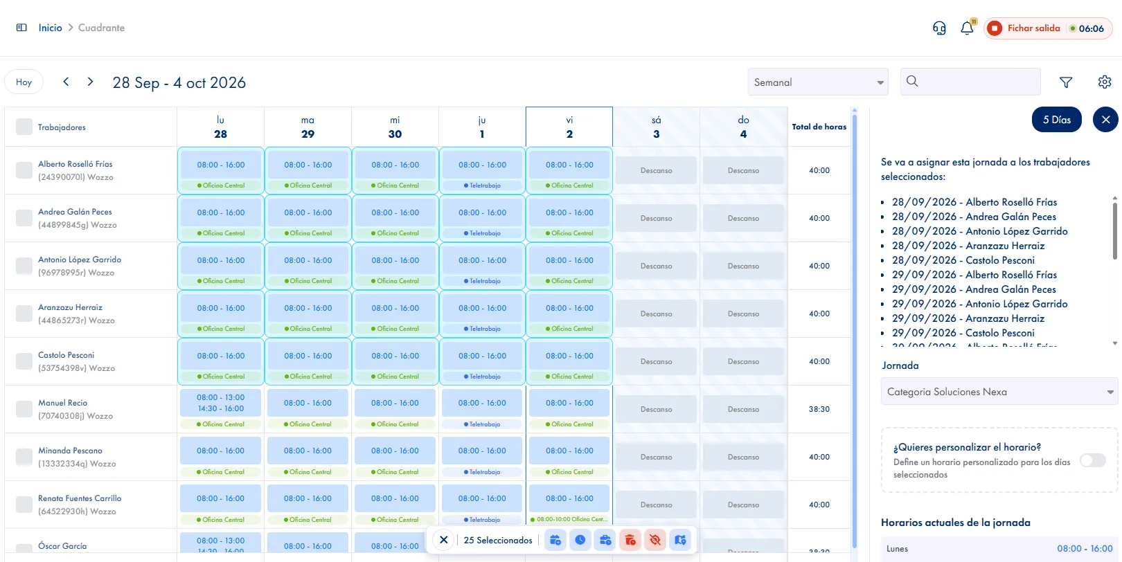 Software de control horario con calendario de turnos