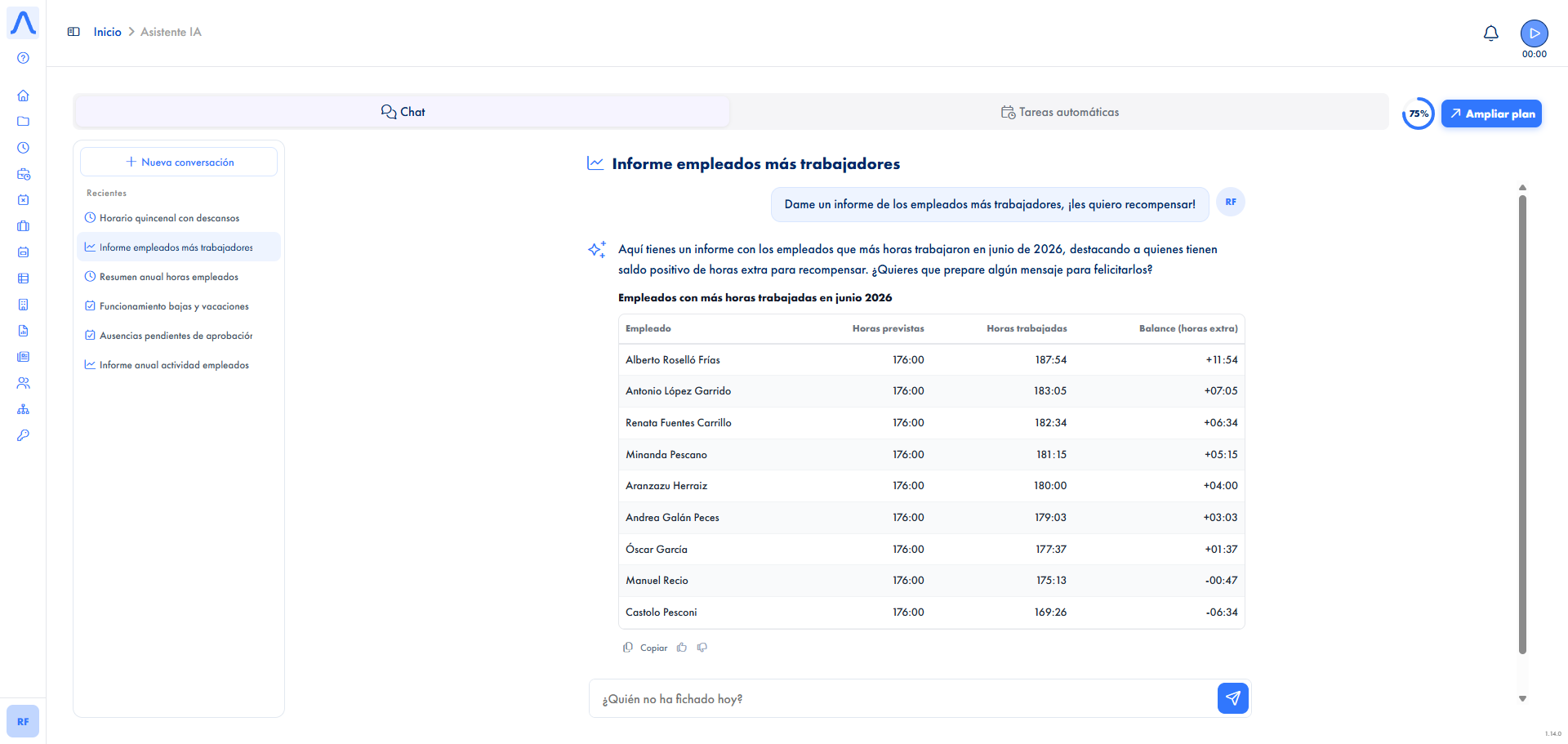 Asistente de IA conversacional para RRHH y control horario